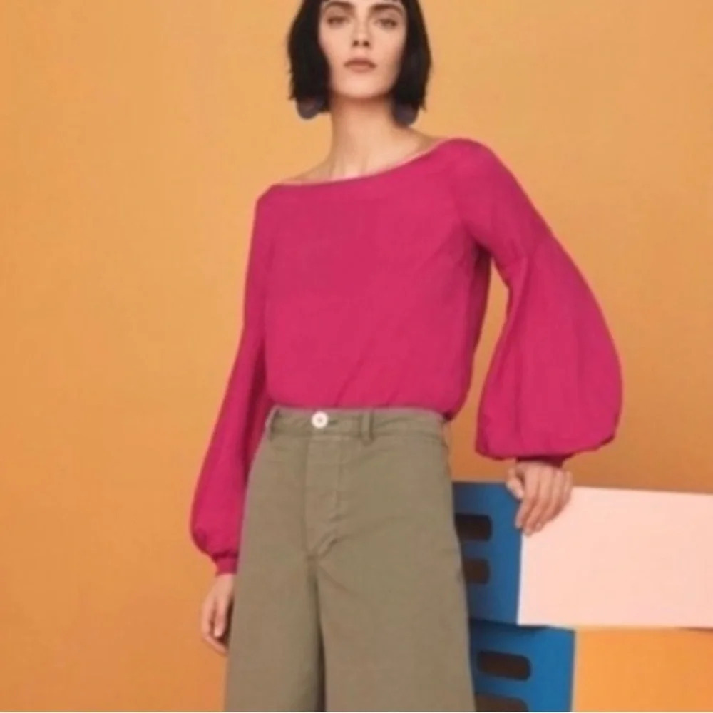 Anthropologie Floreat Hot Pink Off-The-Shoulder Balloon Sleeve Knit Blouse SZ 6